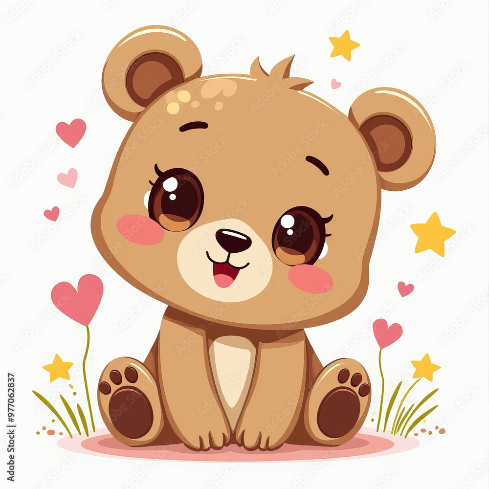 Fototapeta premium cute brown teddy bear with sparkling eyes surrounded by hearts and stars illustration isolated on white background