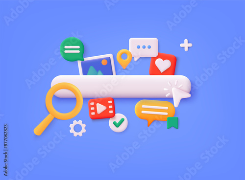 Search bar icon. Searching image and video files in database. 3d document management concept media, document online, docs icon concept. 3D Web Vector Illustrations.