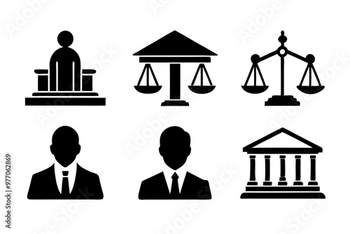 6 different law of court silhouette vector,icon on white background.