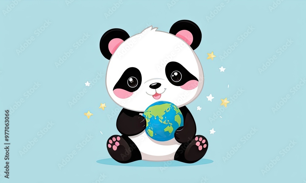 Fototapeta premium Kawai style illustration Charming baby panda and globe on white, perfect for back to school, graduation, and study-themed designs for banners, posters, and T-shirts.