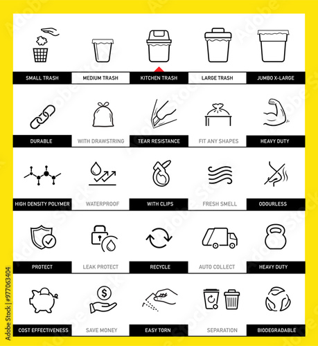 Icons set for garbage bag. The outline icons are well scalable and editable. Contrasting vector elements are good for different backgrounds. EPS10.