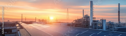 Factory rooftop with advanced carbon capture systems, solar panels and tech installations visible, business integration of green technology