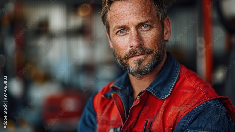 A rugged craftsman with piercing blue eyes poses confidently in a workshop during late afternoon. Generative AI A rugged craftsman with piercing blue eyes poses confidently in a workshop during late afternoon. Generative AI