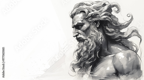 Zeichnung / Skizze von Gott Neptun / Poseidon. Profil. Auf weißem Hintergrund