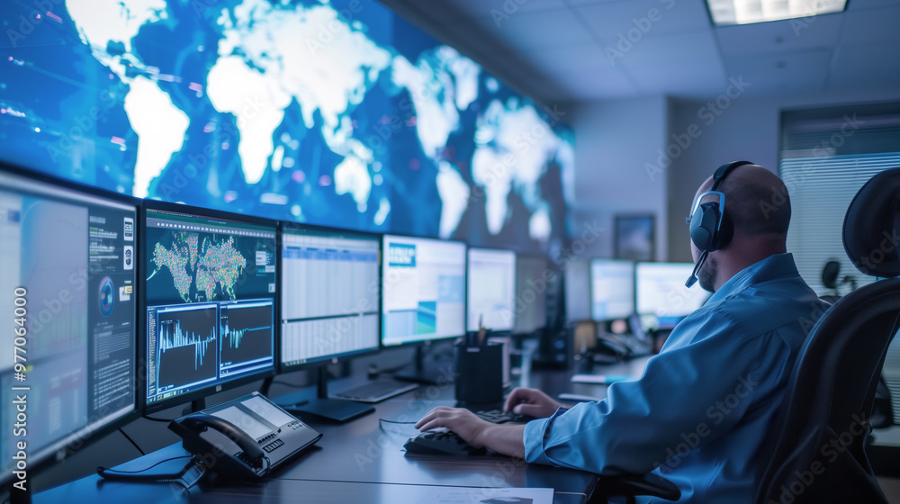 © OHMAl2T - A logistics command center monitoring supply chain activities with multiple screens