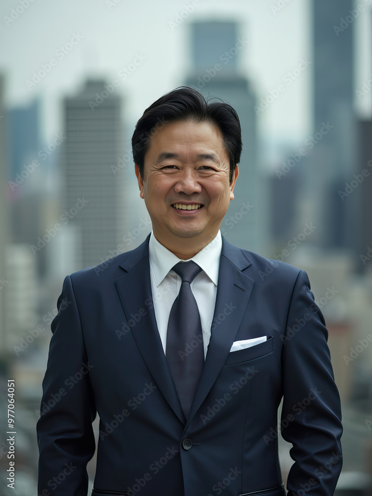 portrait of asian korean middle aged smiling professional man in business attire blur cityscape background vertical photo portrait of asian korean middle aged smiling professional man in business attire blur cityscape background vertical photo