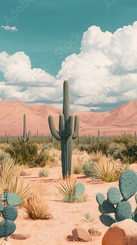 Cinematic shot of the Arizona desert with cacti and mountains in the background, sunny day