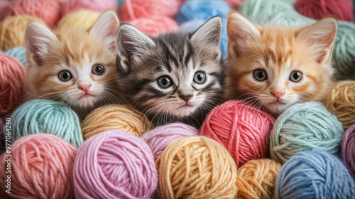 Wallpaper Mural Kittens exploring a pile of colorful yarn balls. Torontodigital.ca