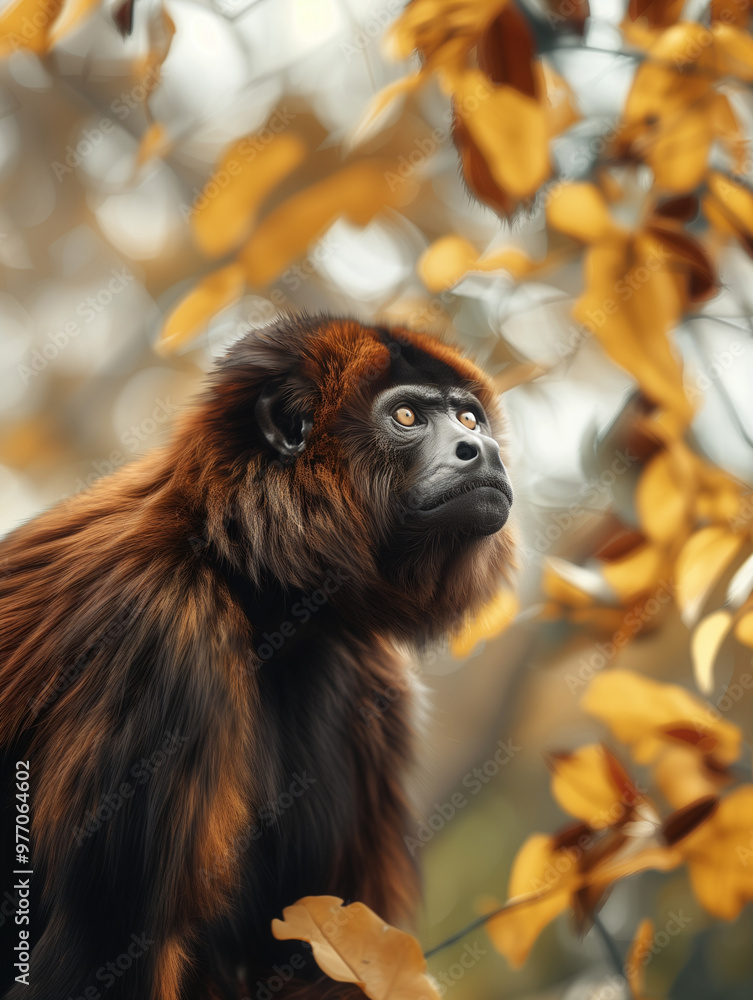 Fototapeta premium Close Up Portrait of a Howler Monkey in Lush Forest Habitat