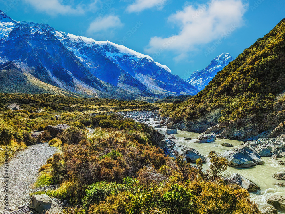 Hooker Valley Track in the middle in Aoraki National Park, South Island, New Zealand Hooker Valley Track in the middle in Aoraki National Park, South Island, New Zealand