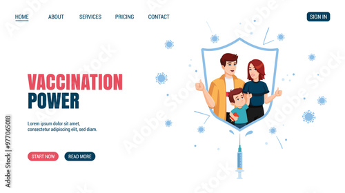 Vaccinated family is protected from infection by an immunity shield. Power of vaccination concept Website, web page design, promo, advertising. Vector illustration in flat style.
