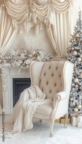  Elegant Christmas Interior Design Cozy Armchair by Fireplace With Festive Decor in White and Gold