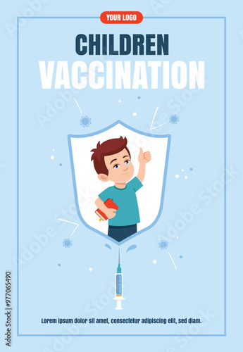 Vaccinated boy is protected from infection by an immunity shield. Children vaccination concept Flyer design, banner, promo, advertising, leaflet. Vector illustration in flat style.