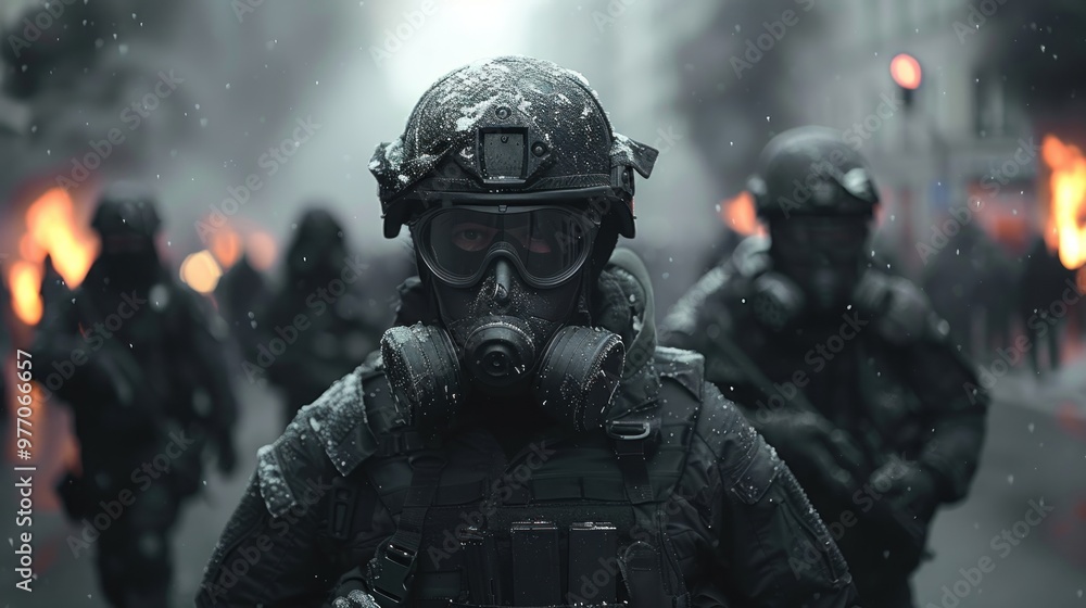 Soldiers in gas masks navigate through smoky chaos on a war-torn street at dusk amid raging flames. Generative AI Soldiers in gas masks navigate through smoky chaos on a war-torn street at dusk amid raging flames. Generative AI