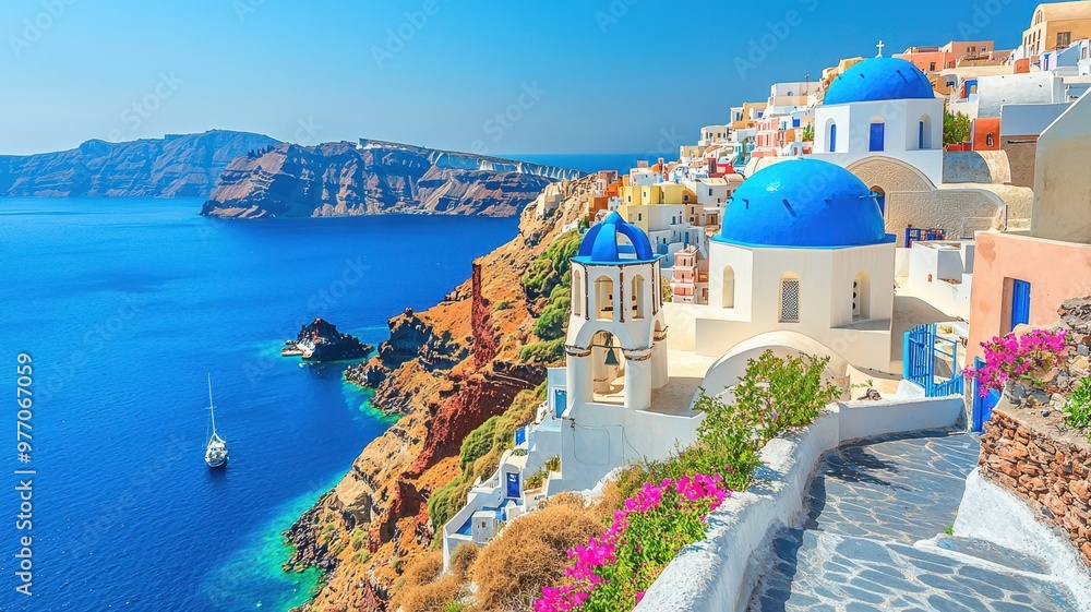 Naklejka premium Stunning coastal view of traditional white buildings with blue domes overlooking the crystal-clear waters of Santorini, Greece.