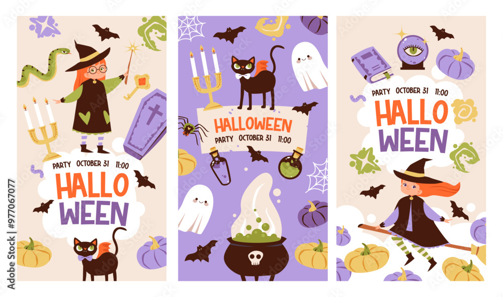 Halloween party template for social networks. Children in funny and scary witch, ghost and monster costumes. Festive background, postcard for event invitation. Halloween web banner Halloween party template for social networks. Children in funny and scary witch, ghost and monster costumes. Festive background, postcard for event invitation. Halloween web banner