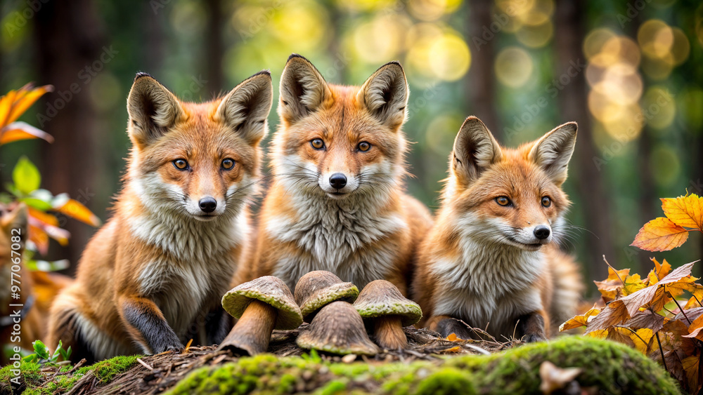 Family of red foxes in the forest Family of red foxes in the forest