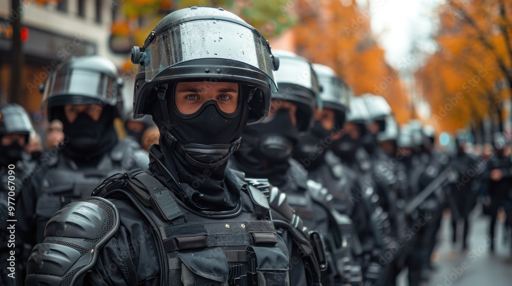 Riot police stand ready in the rain on a bustling city street during a protest in the early evening hours. Generative AI Riot police stand ready in the rain on a bustling city street during a protest in the early evening hours. Generative AI