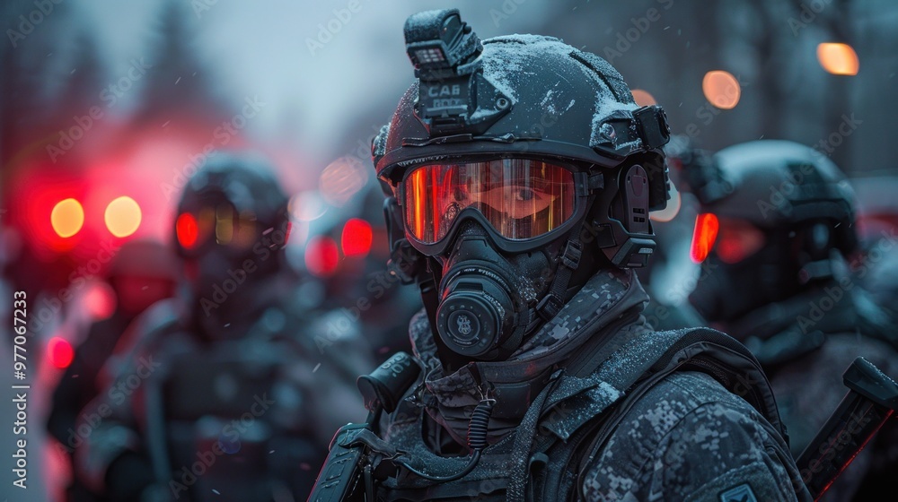 In the midst of winter, masked figures embody readiness and resilience in a snowy urban environment at dusk. Generative AI In the midst of winter, masked figures embody readiness and resilience in a snowy urban environment at dusk. Generative AI