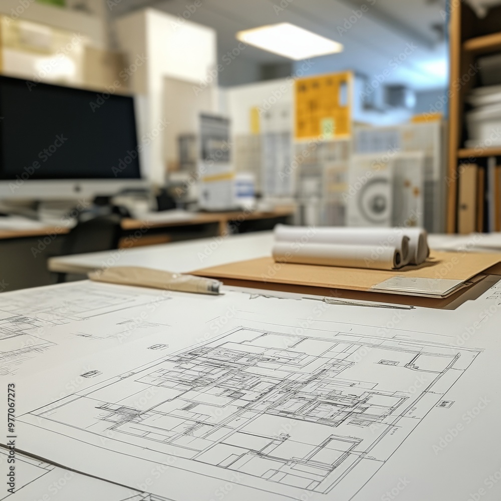 a paper blueprint for a new building on a white desk. a paper blueprint for a new building on a white desk.