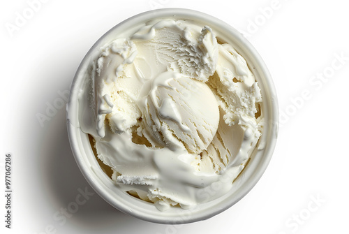 Bowl with white ice cream on white background. Top view