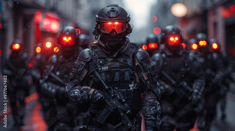 A futuristic formation of heavily armed soldiers advancing through a neon-lit urban landscape at dusk. Generative AI A futuristic formation of heavily armed soldiers advancing through a neon-lit urban landscape at dusk. Generative AI