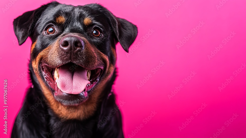 Fototapeta premium Happy dog with a cheerful face against a bright pink background