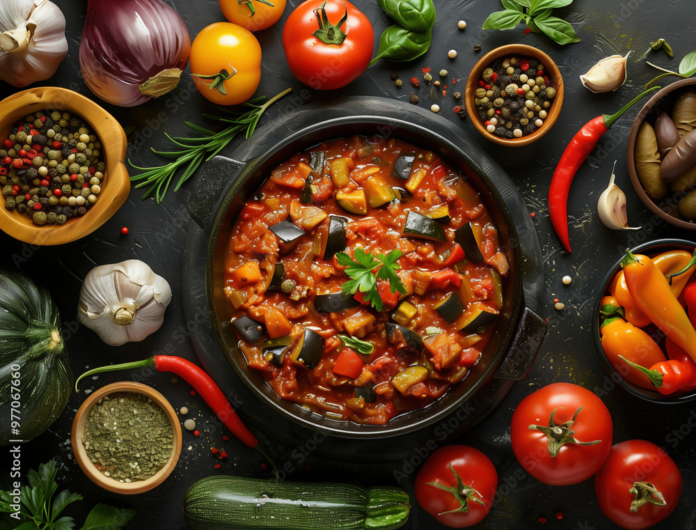 Rustic Spanish pisto with fresh vegetables, close up food photography Rustic Spanish pisto with fresh vegetables, close up food photography
