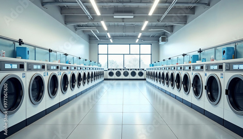 Commercial laundromat interior showcasing efficiency and convenience with space for text.