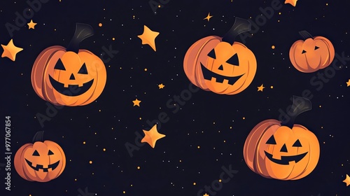 Halloween illustration with floating pumpkins and stars on a dark background. Perfect for posters, banners, and other Halloween promotions.