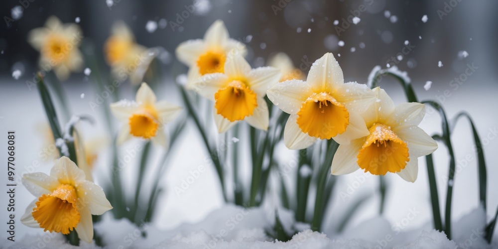 Obraz premium Blooming Daffodil in snow with snowflakes.