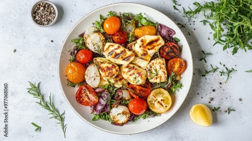 A plate of a salad with tomatoes, peppers and herbs, AI