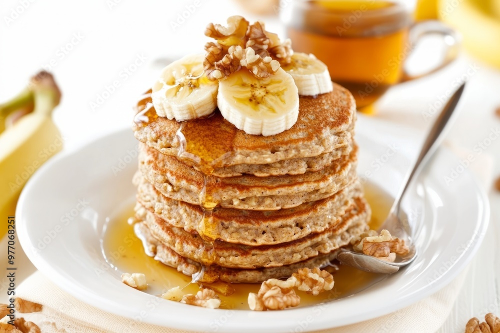 A stack of oatmeal banana pancakes with slices of fresh bananas, walnuts and honey on top with cup of tea on a white wooden background A stack of oatmeal banana pancakes with slices of fresh bananas, walnuts and honey on top with cup of tea on a white wooden background