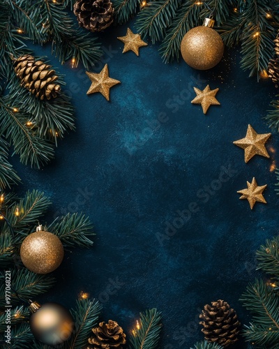 A christmas background with a dark blue background and decorations for the holidays