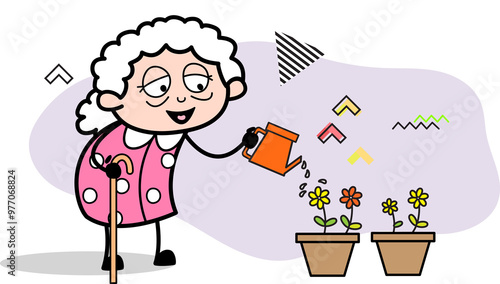 Cartoon cheerful grandmother watering plants png photo