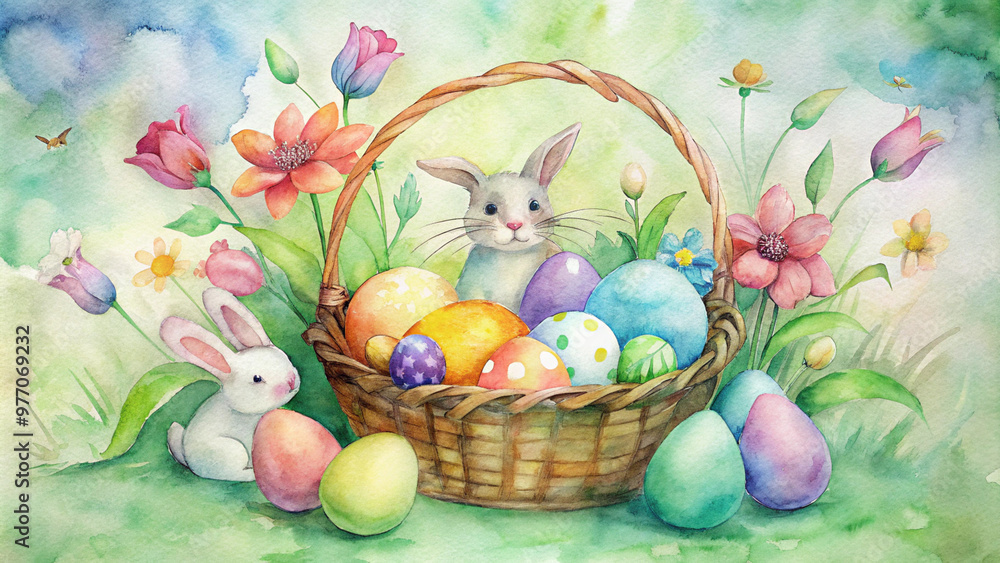 Easter bunny with colorful eggs in basket surrounded by flowers on watercolor background Easter bunny with colorful eggs in basket surrounded by flowers on watercolor background
