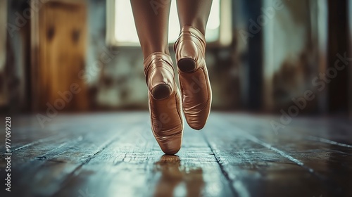 A Dancers Pointe Shoes Gracefully Rise on a Wooden Floor