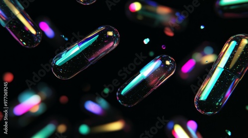 black pill capsules in the air with a black background 