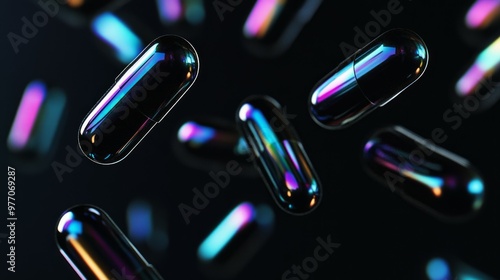 black pill capsules in the air with a black background 