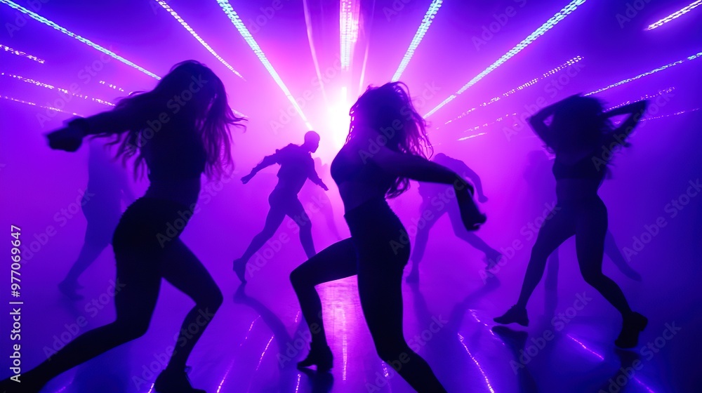 Silhouetted dancers move energetically in a club, illuminated by dramatic purple and blue lights, creating an electrifying atmosphere. Silhouetted dancers move energetically in a club, illuminated by dramatic purple and blue lights, creating an electrifying atmosphere.