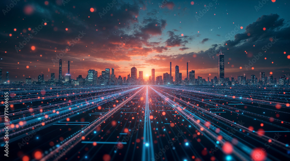 abstract digital background, city on the horizon. Generative AI abstract digital background, city on the horizon. Generative AI