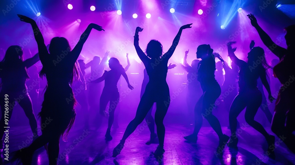 Silhouetted dancers move energetically in a club, illuminated by dramatic purple and blue lights, creating an electrifying atmosphere. Silhouetted dancers move energetically in a club, illuminated by dramatic purple and blue lights, creating an electrifying atmosphere.