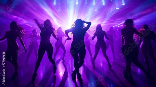 Silhouetted dancers move energetically in a club, illuminated by dramatic purple and blue lights, creating an electrifying atmosphere.  photo