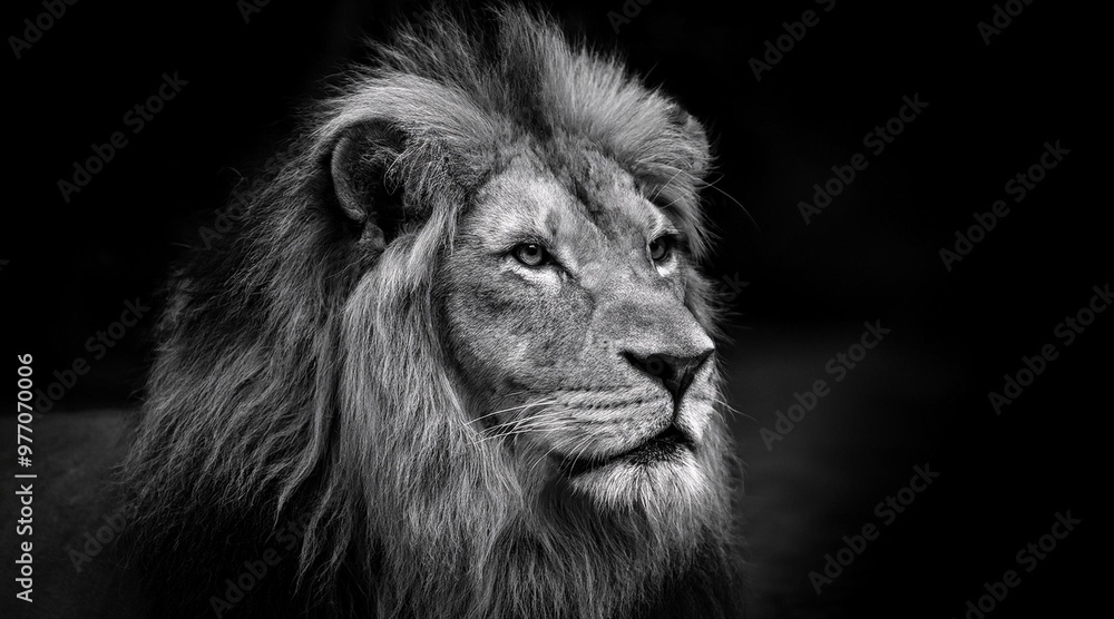 Fototapeta premium An elegant black and white shot of a majestic lion in a dark setting 
