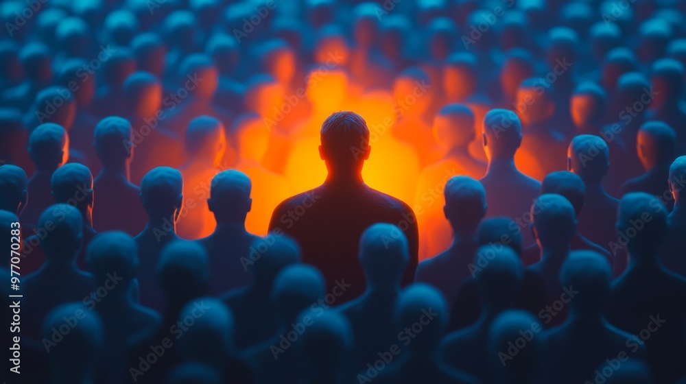Obraz premium A person wearing dark glowing orange is standing in the center of an audience, facing backward with their back to us.