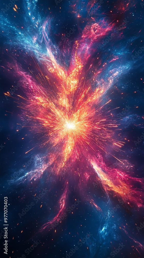 Abstract cosmic explosion with glowing particles and nebulae. Abstract cosmic explosion with glowing particles and nebulae.