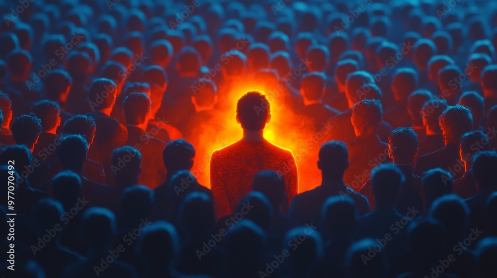 Fototapeta premium A person wearing dark glowing orange is standing in the center of an audience, facing backward with their back to us.