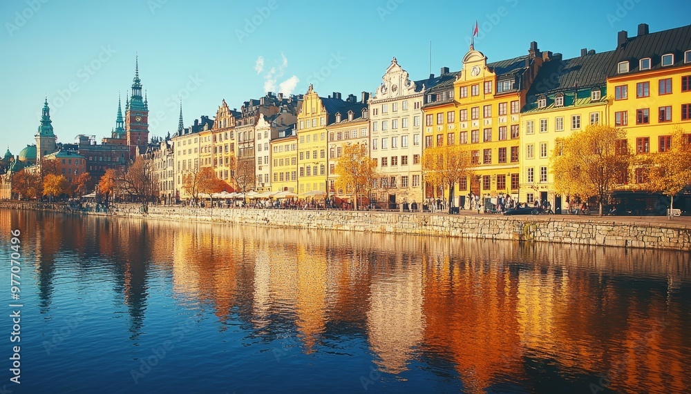 Fototapeta premium Stockholm, Sweden Colorful historic houses on the waterfront of Old Town reflecting in the water.