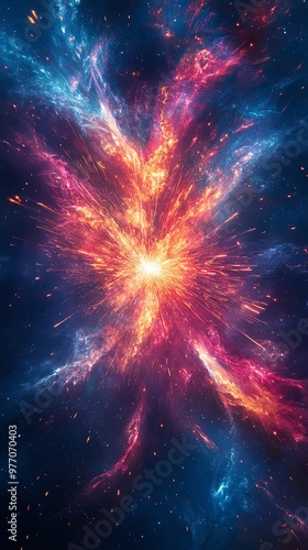 Abstract cosmic explosion with glowing particles and nebulae.