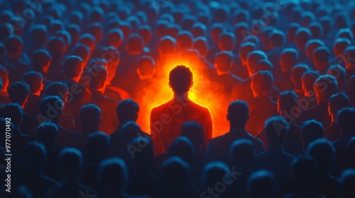 A person wearing dark glowing orange is standing in the center of an audience, facing backward with their back to us.